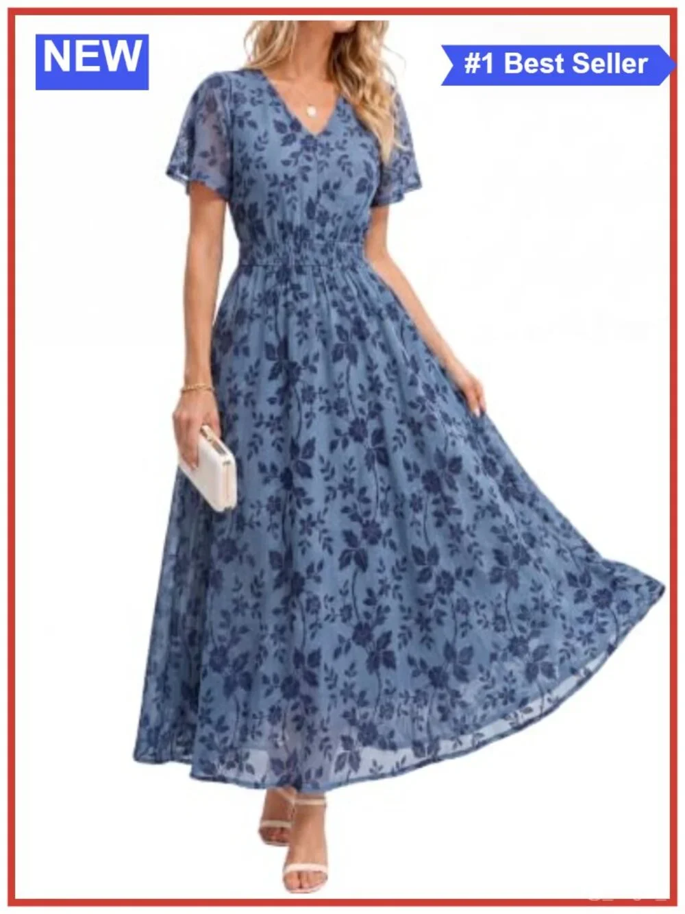 Floral Flocked Mesh Maxi Dress Empire Waist V-Neck Wedding Guest Cocktail
